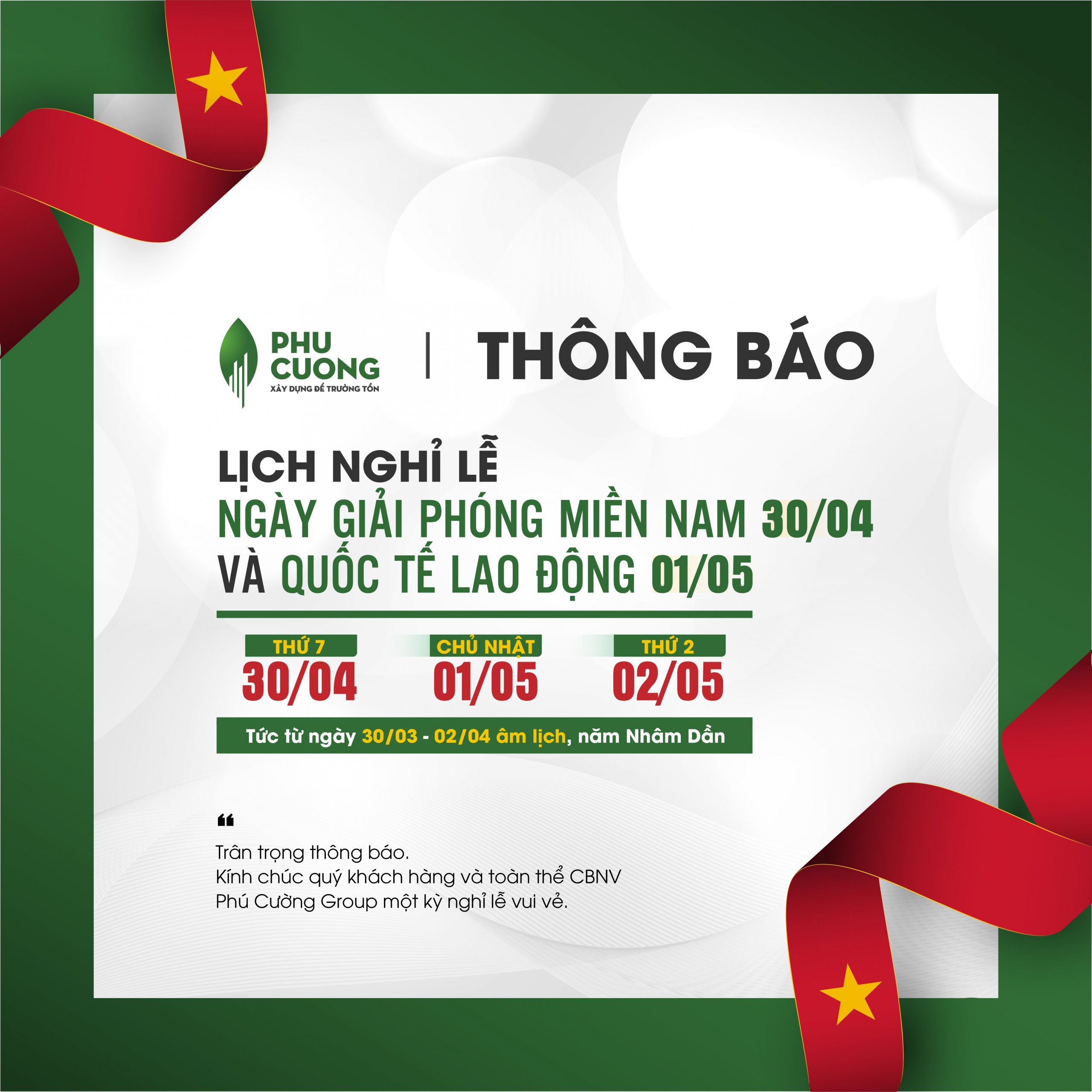 THÔNG BÁO: Lịch nghỉ lễ 30/04 – 01/05